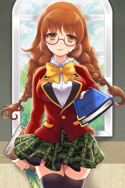 Anime picture 1181x1771 with sword girls bittersweet (dalcoms) single long hair tall image looking at viewer brown hair brown eyes braid (braids) zettai ryouiki girl thighhighs skirt uniform black thighhighs school uniform miniskirt glasses book (books)