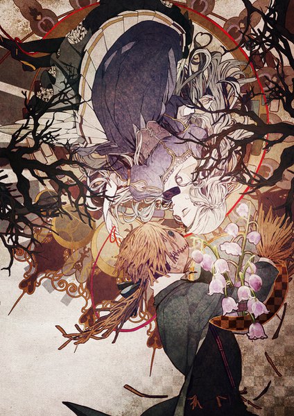 Anime picture 850x1202 with beauty and the beast original flowerchorus long hair tall image silver hair eyes closed profile checkered girl dress flower (flowers) branch bouquet corset thread red thread scarecrow