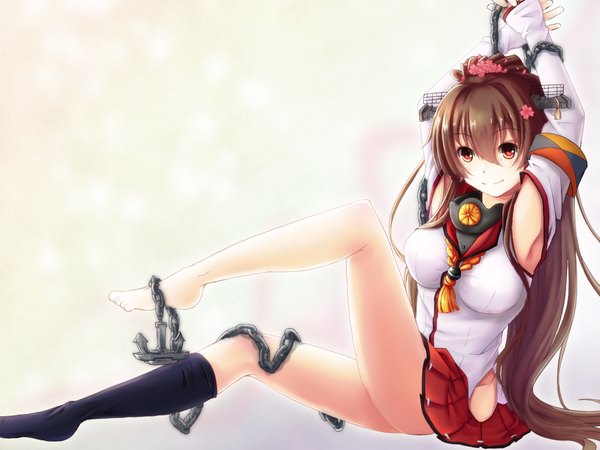 Anime picture 1200x900 with kantai collection yamato super battleship ichika 5259 single long hair looking at viewer light erotic red eyes brown hair sitting ponytail hair flower armpit (armpits) legs girl skirt hair ornament flower (flowers) detached sleeves miniskirt