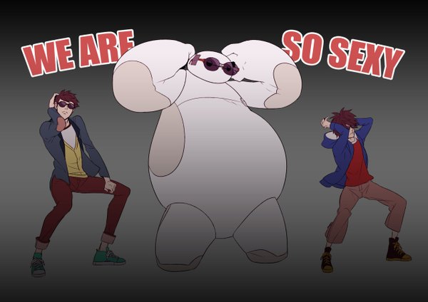 Anime picture 1280x905 with big hero 6 disney hiro hamada (big hero 6) baymax (big hero 6) tadashi hamada (big hero 6) tagme (artist) short hair simple background brown hair bent knee (knees) arm up inscription grey background arms up open jacket multiple boys gradient background arm behind head arms behind head siblings