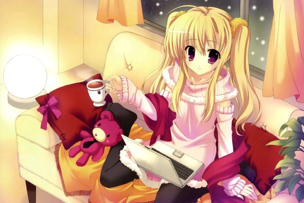 Anime picture 2840x1900 with mitha long hair highres blonde hair red eyes twintails girl detached sleeves window pillow sweater toy stuffed animal couch teddy bear laptop