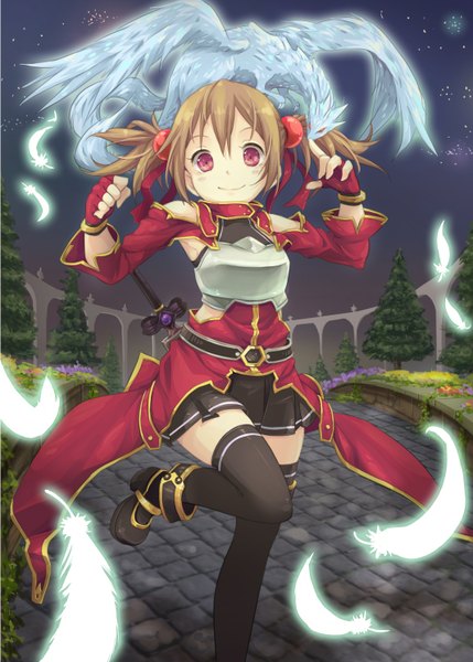 Anime picture 1066x1491 with sword art online a-1 pictures silica pina (sao) hpflower (artist) tall image blush short hair smile red eyes brown hair twintails night loli short twintails girl thighhighs skirt flower (flowers) ribbon (ribbons)