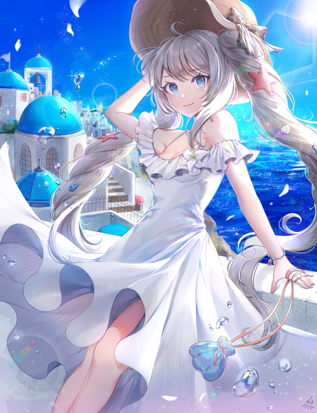 Anime picture 700x910 with fate (series) fate/grand order marie antoinette (fate/grand order) marie antoinette (swimsuit caster) (fate) ozzingo single long hair tall image looking at viewer blush fringe blue eyes smile twintails holding signed sky silver hair ahoge arm support