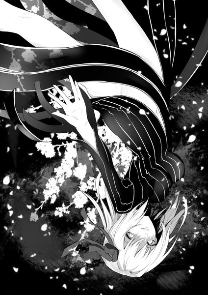 Anime picture 706x1000 with fate (series) fate/stay night type-moon matou sakura dark sakura eisuto single long hair tall image looking at viewer fringe breasts light erotic smile legs cherry blossoms monochrome convenient censoring upside down girl