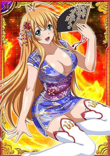 Anime picture 567x800 with ikkitousen sonsaku hakufu single long hair tall image looking at viewer blush fringe breasts open mouth light erotic blonde hair smile hair between eyes large breasts sitting holding payot ahoge traditional clothes