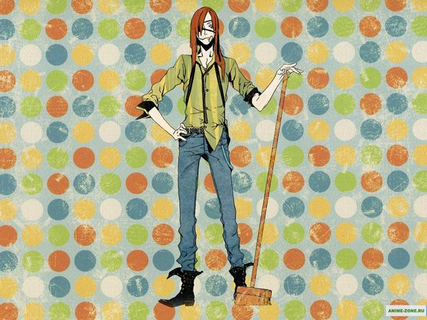 Anime picture 1141x856 with dogs: bullets & carnage david production badou nails single long hair orange hair grey eyes hand on hip boy shirt eyepatch jeans cleaning brush