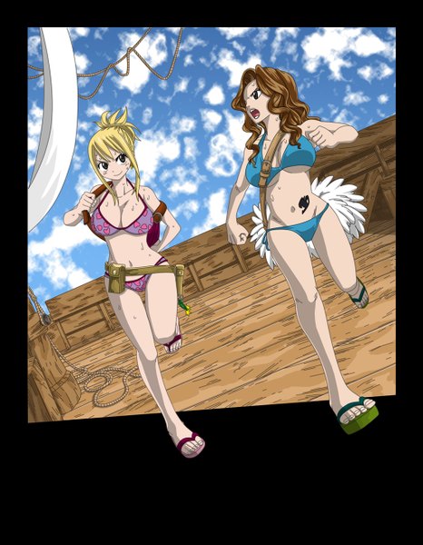 Anime picture 1024x1318 with fairy tail lucy heartfilia cana alberona long hair tall image open mouth light erotic blonde hair smile brown hair brown eyes sky cloud (clouds) tattoo framed running girl navel swimsuit bikini