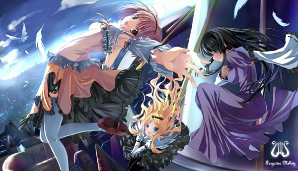 Anime picture 1000x576 with eternita forgotten melody sairalinde cagalin priscilla (eternita) xephonia long hair short hair open mouth blue eyes black hair blonde hair wide image multiple girls brown eyes flying girl thighhighs dress detached sleeves white thighhighs