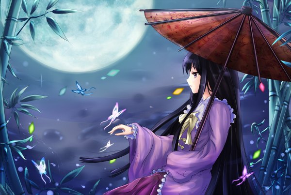 Anime picture 1200x807 with touhou houraisan kaguya white crow long hair black hair brown eyes profile night girl dress plant (plants) insect butterfly moon umbrella bamboo