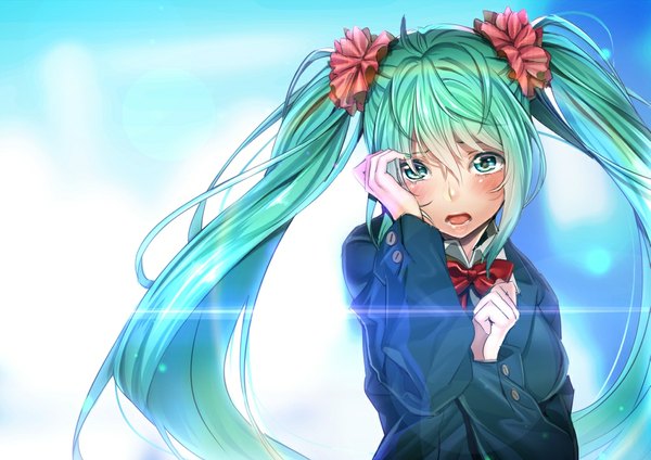 Anime picture 1000x707 with vocaloid hatsune miku koyoi mitsuki single looking at viewer blush open mouth twintails very long hair aqua eyes aqua hair girl uniform hair ornament school uniform bowtie