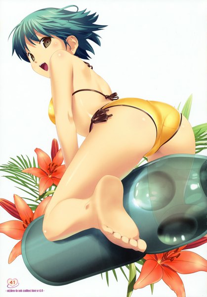 Anime picture 2457x3519 with original koutaro single tall image looking at viewer blush highres short hair open mouth light erotic simple background white background sitting brown eyes ass looking back barefoot scan aqua hair soles