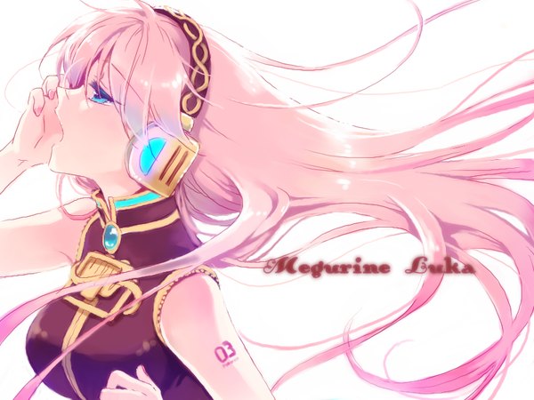 Anime picture 800x600 with vocaloid megurine luka manle single long hair fringe blue eyes simple background white background pink hair profile wind sleeveless character names looking up singing girl headphones