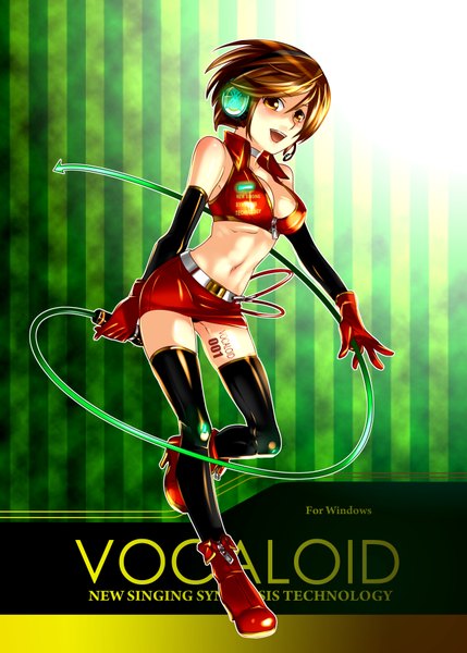 Anime picture 2590x3624 with vocaloid meiko caffein single tall image highres short hair breasts open mouth light erotic brown hair brown eyes midriff striped striped background girl thighhighs gloves navel black thighhighs