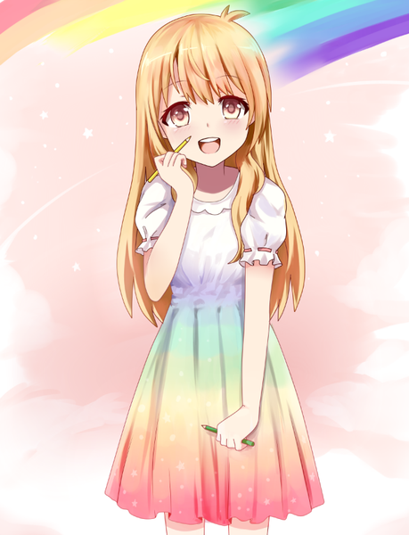 Anime picture 636x832 with original cyou shigen beifeng han single long hair tall image looking at viewer open mouth simple background smile red eyes holding ahoge orange hair short sleeves puffy sleeves happy girl dress rainbow