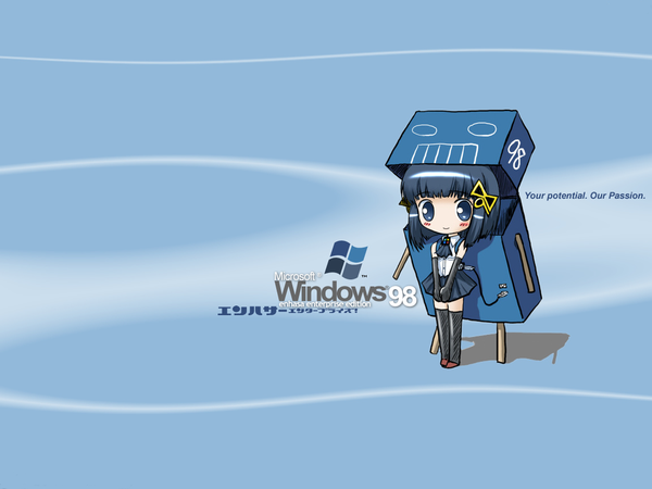 Anime picture 1152x864 with os-tan windows (operating system) futaba channel 98-tan (hacchan) single looking at viewer blush fringe short hair blue eyes black hair smile standing full body blunt bangs shadow wallpaper girl hair ornament box