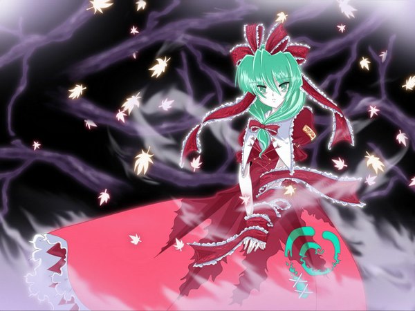 Anime picture 1024x768 with touhou kagiyama hina tagme (artist) green eyes green hair girl ribbon (ribbons) hair ribbon leaf (leaves)