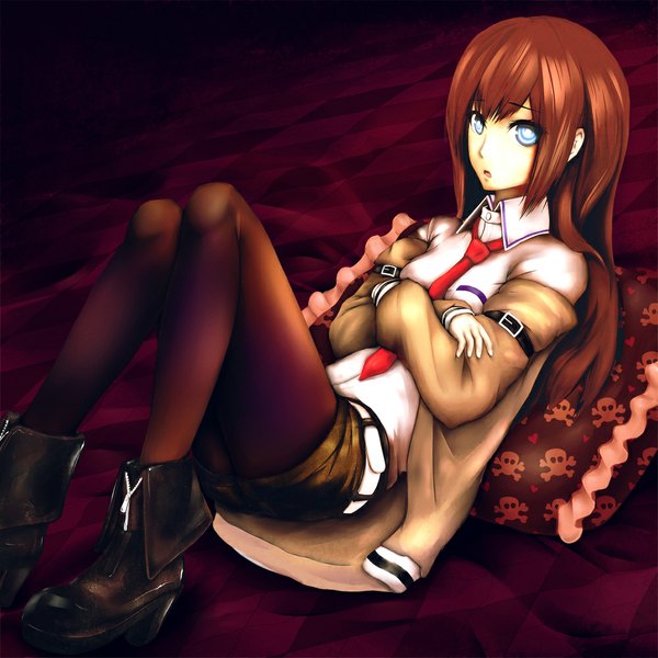 Anime picture 1000x1000 with steins;gate white fox makise kurisu infinote single long hair blue eyes brown hair crossed arms checkered floor skull and crossbones girl pantyhose necktie shorts boots pillow