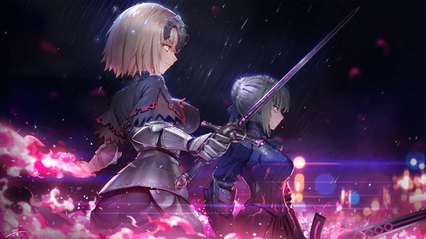 イラスト 1920x1080 と Fateシリーズ fate/grand order アルトリア・ペンドラゴン セイバー jeanne d'arc (fate) (all) ジャンヌ・オルタ セイバーオルタ 猫ちゃん highres 短い髪 おっぱい 金髪 wide image 大きな乳房 multiple girls signed 黄色眼 looking away outdoors light smile