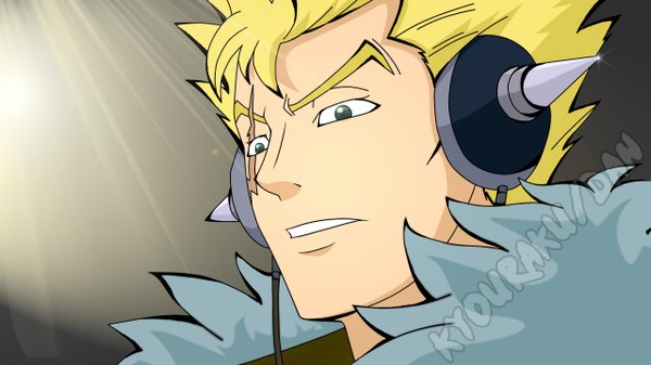 Anime picture 2560x1440 with fairy tail laxus dreyar haddek highres short hair simple background blonde hair wide image green eyes coloring portrait light scar face boy headphones wire (wires)