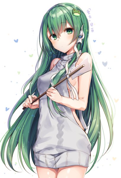 Anime picture 1868x2746 with touhou kochiya sanae komeshiro kasu single long hair tall image looking at viewer blush fringe highres breasts light erotic hair between eyes standing white background bare shoulders holding green eyes green hair sleeveless