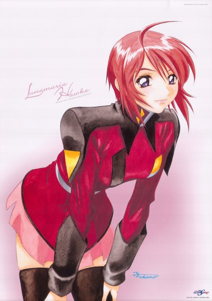 Anime picture 2500x3544 with mobile suit gundam gundam seed destiny sunrise (studio) lunamaria hawke fukano youichi tall image highres short hair simple background white background absurdres ahoge red hair grey eyes girl thighhighs uniform black thighhighs