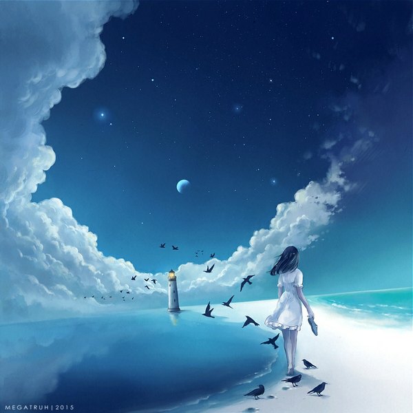 Anime picture 900x900 with original megatruh long hair black hair holding barefoot from behind night bare legs no shoes night sky beach flying sand crescent footprints girl dress animal water