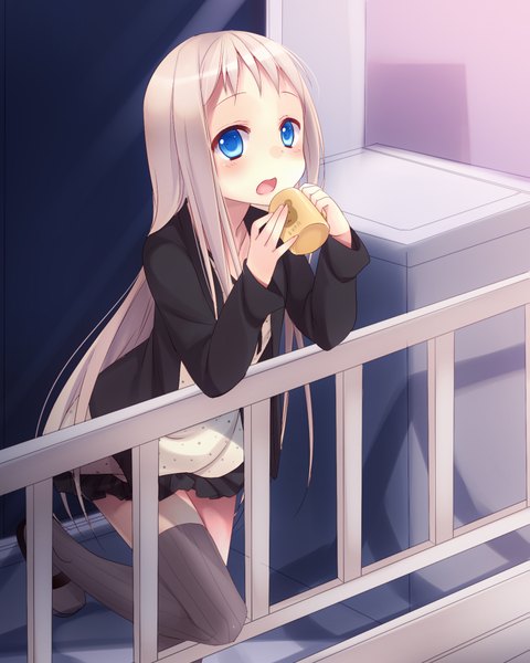 Anime picture 1575x1968 with itou nanami single long hair tall image looking at viewer blush open mouth blue eyes blonde hair girl thighhighs black thighhighs mug