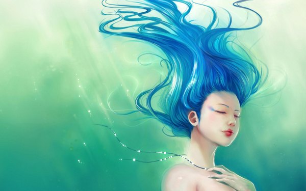 Anime picture 2880x1800 with original tagme (artist) single long hair highres wide image blue hair eyes closed sunlight realistic underwater green background girl beads