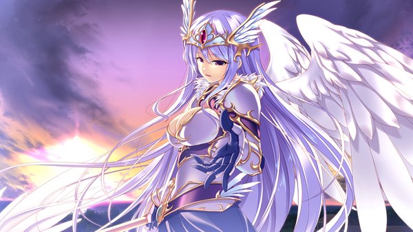 Anime picture 2048x1152 with shin shirogane no soleil skyfish (studio) single long hair highres wide image purple eyes game cg sky silver hair cloud (clouds) evening sunset girl dress gloves hair ornament wings elbow gloves