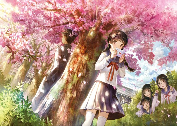 Anime picture 1000x710 with original fuzichoco long hair short hair open mouth black hair brown eyes sky cloud (clouds) braid (braids) pleated skirt :o zettai ryouiki twin braids cherry blossoms hand in pocket > < spring girl thighhighs