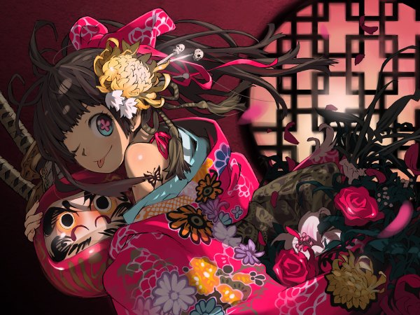 Anime picture 1200x900 with original haku (sabosoda) long hair looking at viewer blue eyes brown hair holding japanese clothes one eye closed hair flower wink off shoulder tattoo floral print symbol-shaped pupils :p + + girl hair ornament flower (flowers)