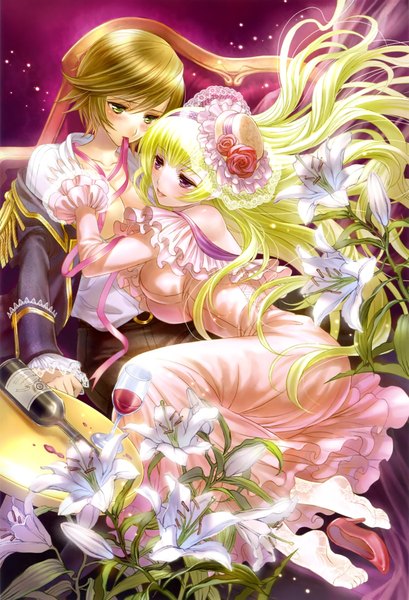 Anime picture 2650x3884 with amajio komeko long hair tall image highres short hair blonde hair brown hair purple eyes multiple girls holding green eyes absurdres mouth hold ribbon in mouth girl dress flower (flowers) ribbon (ribbons) 2 girls hat