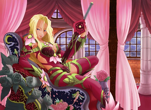 Anime picture 1100x800 with tagme (artist) blue eyes blonde hair sitting sky cloud (clouds) green hair night dark skin wavy hair reclining crescent fairy girl flower (flowers) petals sword wings window armor
