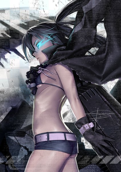 Anime picture 800x1131 with black rock shooter black rock shooter (character) geister single long hair tall image fringe breasts blue eyes light erotic black hair standing twintails signed ass profile realistic glowing flat chest scar