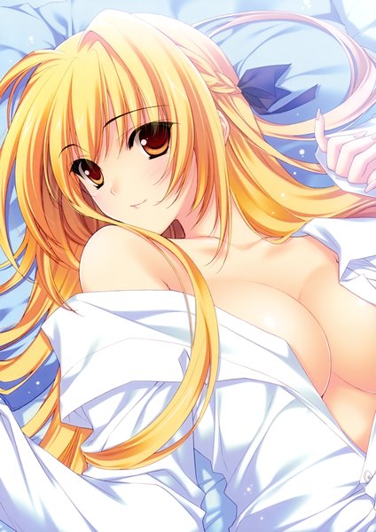 Anime picture 2119x3000 with r.g.b! suzuhira hiro long hair tall image looking at viewer highres breasts light erotic blonde hair scan open clothes orange eyes open shirt girl