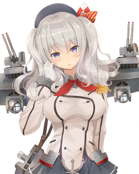 Anime picture 1500x1884 with kantai collection kashima training cruiser kagerou (shadowmage) single long hair tall image looking at viewer blush blue eyes simple background white background silver hair head tilt adjusting hair arm behind back girl gloves uniform weapon white gloves