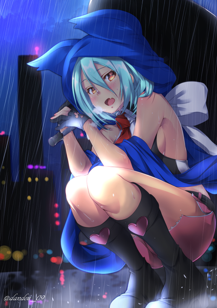 Anime picture 707x1000 with original dandou single tall image looking at viewer blush short hair open mouth red eyes signed blue hair rain squat girl boots hood umbrella