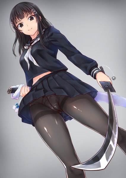 Anime picture 2150x3036 with original joshikou sei shisa ma shi (tori@gununu) tori@gununu single long hair tall image looking at viewer highres light erotic black hair black eyes pantyshot girl skirt uniform underwear panties weapon miniskirt pantyhose