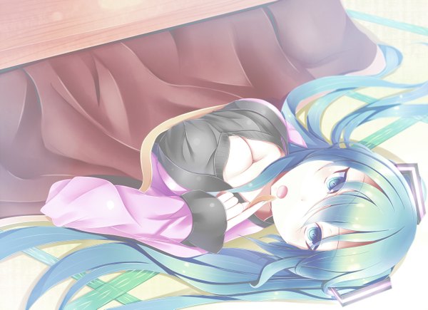 Anime picture 1380x1001 with vocaloid hatsune miku isshiki (ffmania7) single looking at viewer open mouth twintails lying very long hair aqua eyes aqua hair under the table girl hair ornament kotatsu
