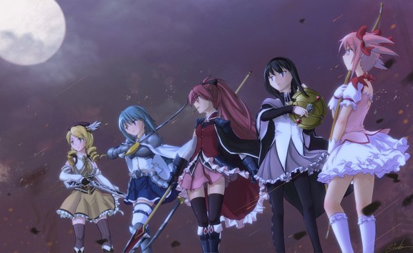 Anime picture 3000x1846 with mahou shoujo madoka magica shaft (studio) akemi homura kaname madoka sakura kyouko miki sayaka tomoe mami rinkzea (artist) long hair highres short hair blue eyes black hair blonde hair wide image multiple girls blue hair pink hair absurdres ponytail