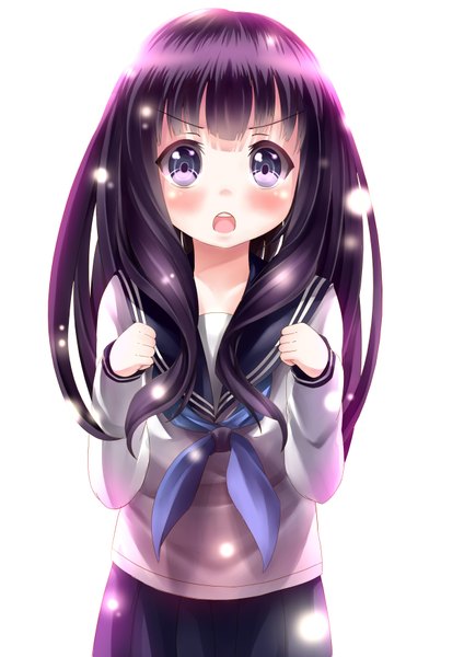 Anime picture 2480x3507 with hyouka kyoto animation chitanda eru single long hair tall image looking at viewer blush highres open mouth simple background white background purple eyes purple hair girl sailor suit fist