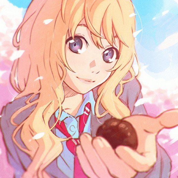 Anime picture 900x900 with shigatsu wa kimi no uso a-1 pictures miyazono kaori ilya kuvshinov single long hair blonde hair smile purple eyes holding sky cloud (clouds) sunlight leaning leaning forward cherry blossoms outstretched arm close-up girl uniform