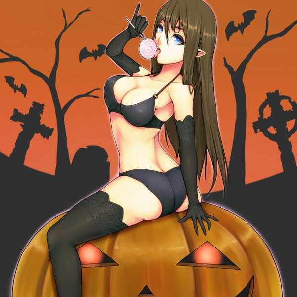 Anime picture 1280x1280 with original suzuki (pixiv1277943) single long hair blue eyes light erotic black hair pointy ears halloween licking girl thighhighs gloves underwear panties black thighhighs elbow gloves food sweets lollipop