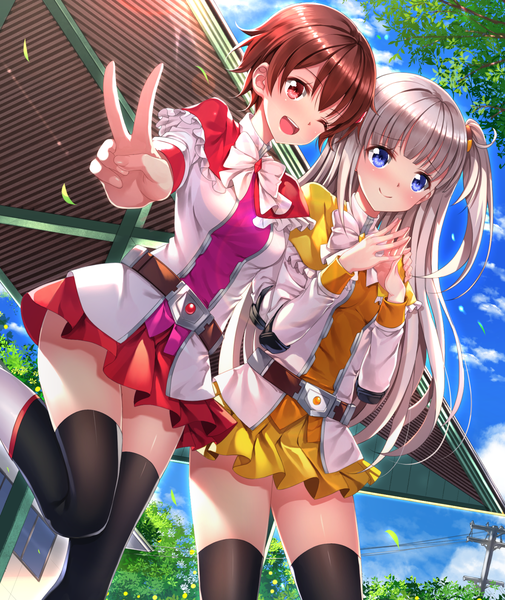 Anime picture 1187x1409 with action heroine cheer fruits akagi an kise mikan swordsouls long hair tall image looking at viewer fringe short hair open mouth blue eyes smile hair between eyes brown hair multiple girls brown eyes silver hair bent knee (knees) blunt bangs :d