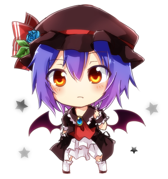 Anime picture 805x857 with touhou remilia scarlet tosura-ayato single tall image blush fringe short hair simple background hair between eyes white background looking away cleavage purple hair full body multicolored hair short sleeves orange eyes fang (fangs) spread legs
