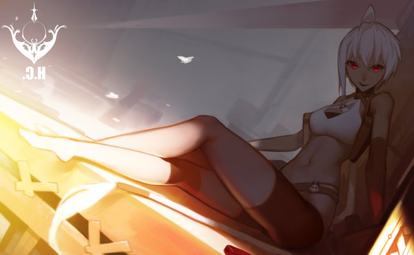 Anime picture 3796x2348 with original pixiv fantasia pixiv fantasia t nero (nilu) single looking at viewer highres short hair red eyes wide image sitting absurdres ahoge white hair barefoot bare belly logo girl navel belt