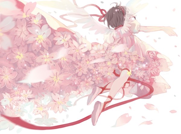 Anime picture 1200x891 with card captor sakura clamp kinomoto sakura mia0309 single short hair brown hair white background from behind spread arms flying angel wings girl dress flower (flowers) ribbon (ribbons) hair ribbon petals wings