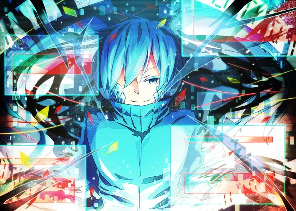 Anime picture 1400x1000 with kagerou project shaft (studio) ene (kagerou project) natsu-san single long hair fringe blue eyes twintails blue hair light smile glow girl