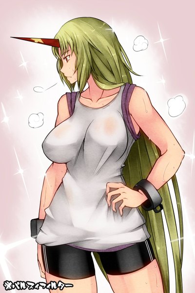 Anime picture 1000x1500 with touhou hoshiguma yuugi aoshima single tall image breasts light erotic red eyes large breasts bare shoulders looking away very long hair profile horn (horns) green hair hand on hip girl shackles leggings