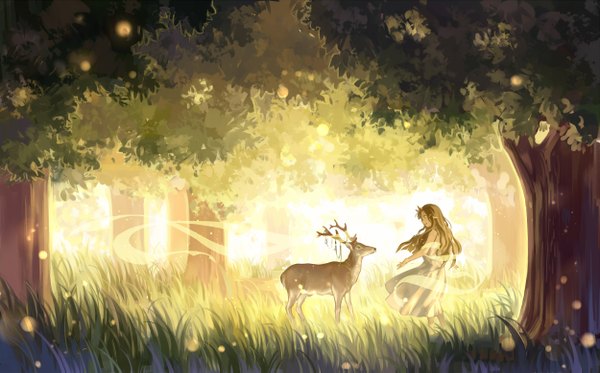 Anime picture 2500x1558 with original zicai tang long hair highres smile brown hair wide image standing horn (horns) pointy ears sunlight outstretched arm girl dress plant (plants) animal tree (trees) white dress leaf (leaves) grass